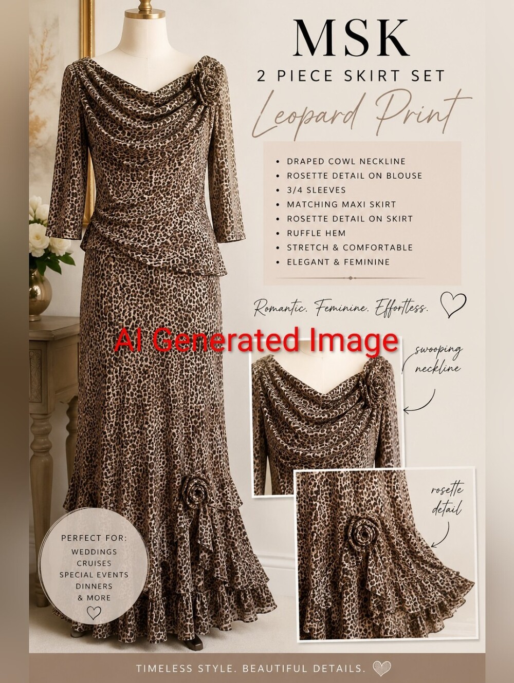 MSK Romantic Leopard Print Maxi Skirt Set Cowl Neck Rosette Detail - Small